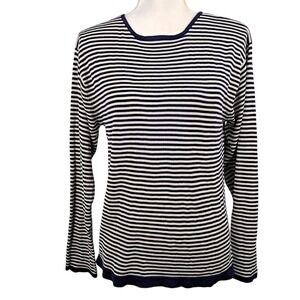 Vtg OUT OF THE BLUE L Silk‎ Knit Top Navy and White Striped Long Sleeve Nautical